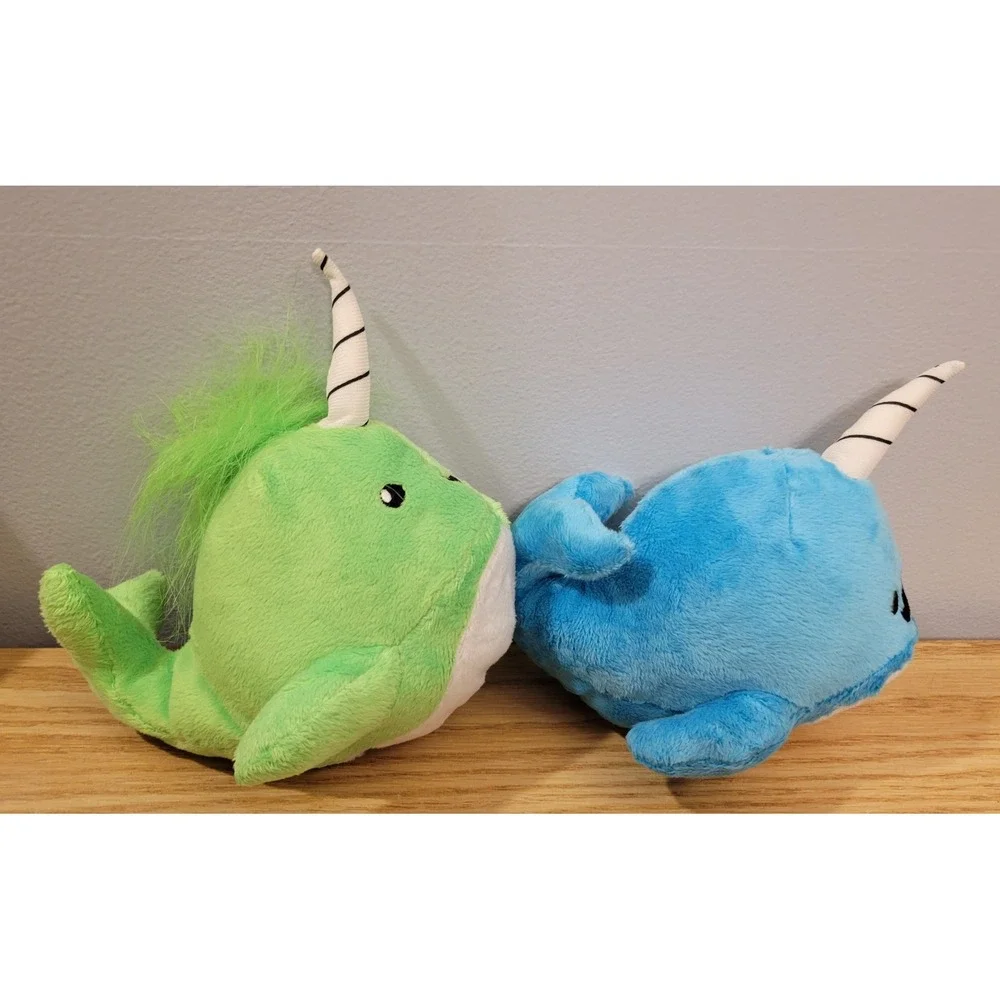 Ideal Toys Direct Plush Narwhal Set Mustache Monocle & Green Tongue 7 Inch 2pc